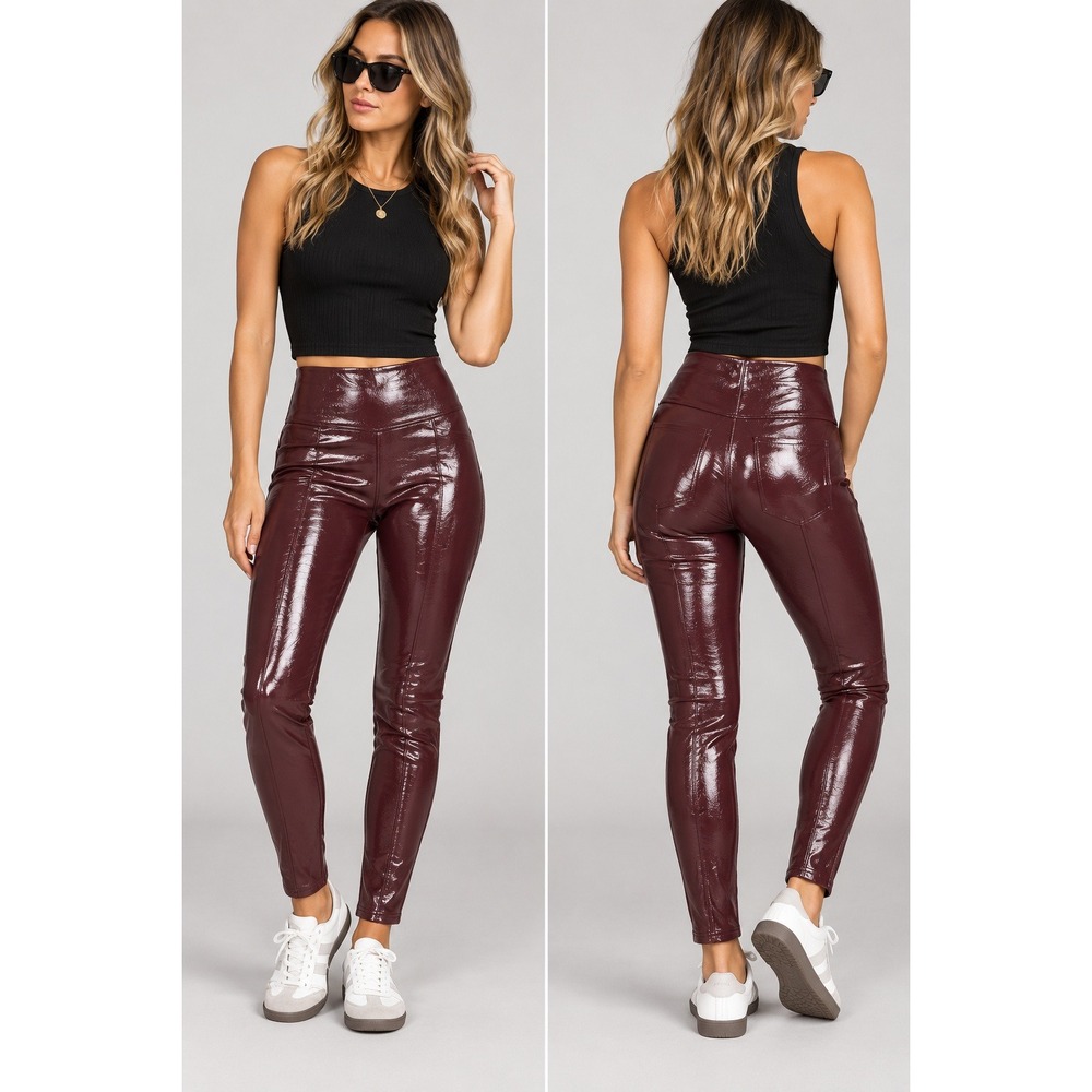 Spanx Leggings Womens Small Burgundy Faux Leather Patent High Rise Skinny Leg